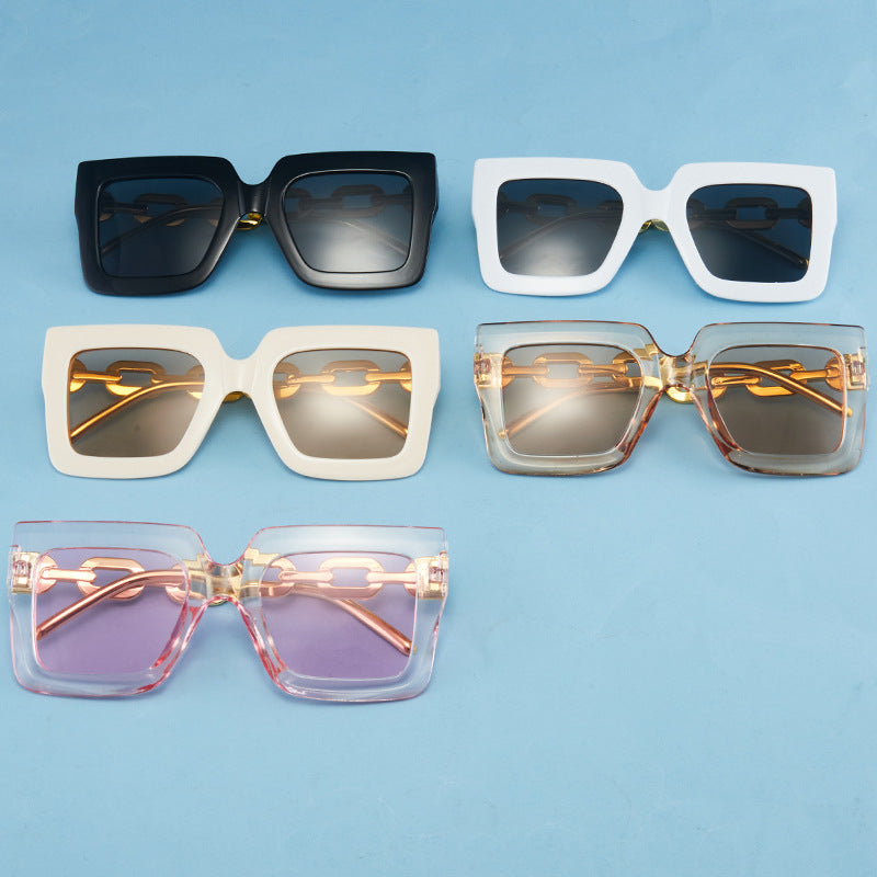 Oversized Square Sunglasses with Metal Chain Temple for Women