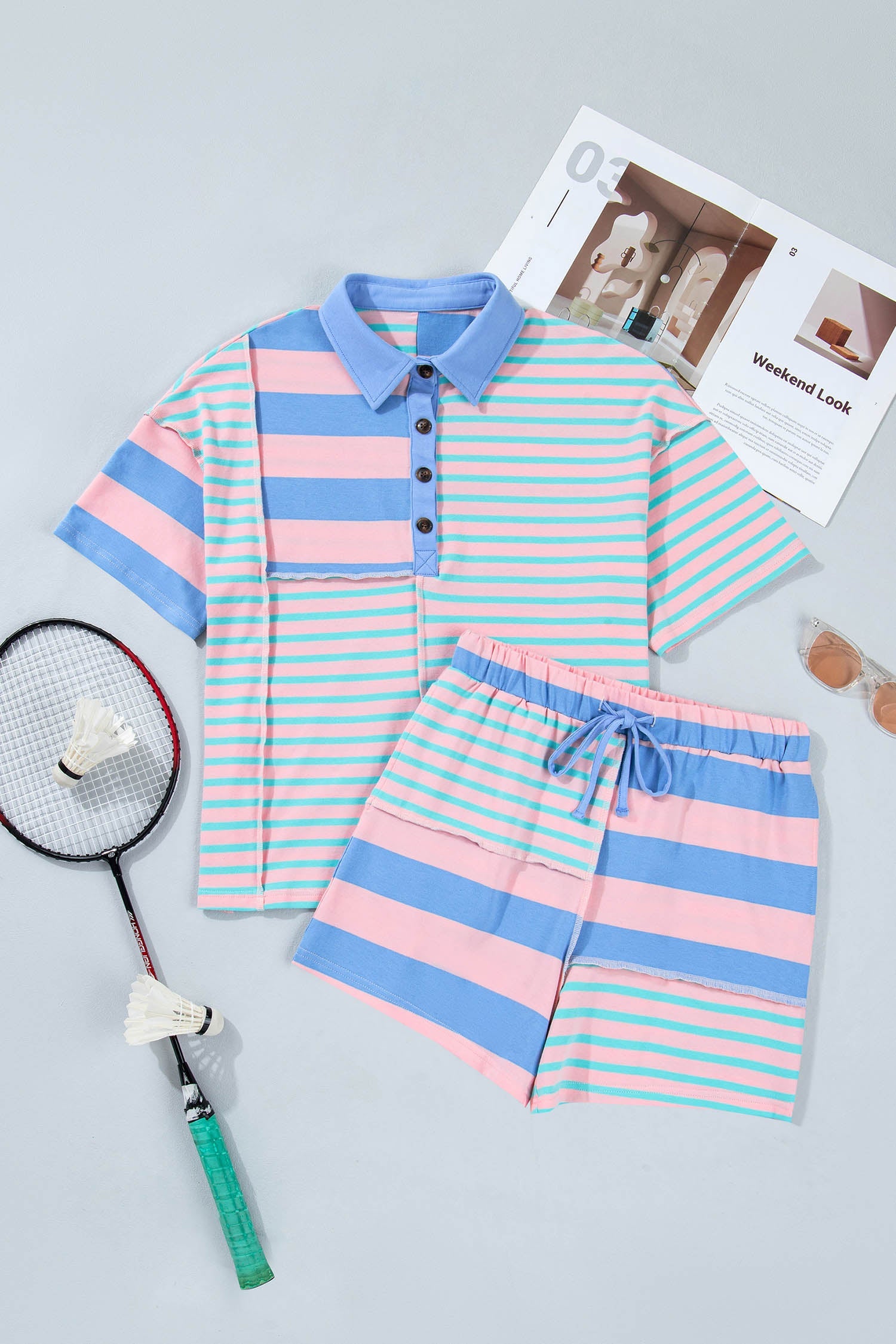 Stripe Patchwork Exposed Seam Knit Top & Short Lounge Set