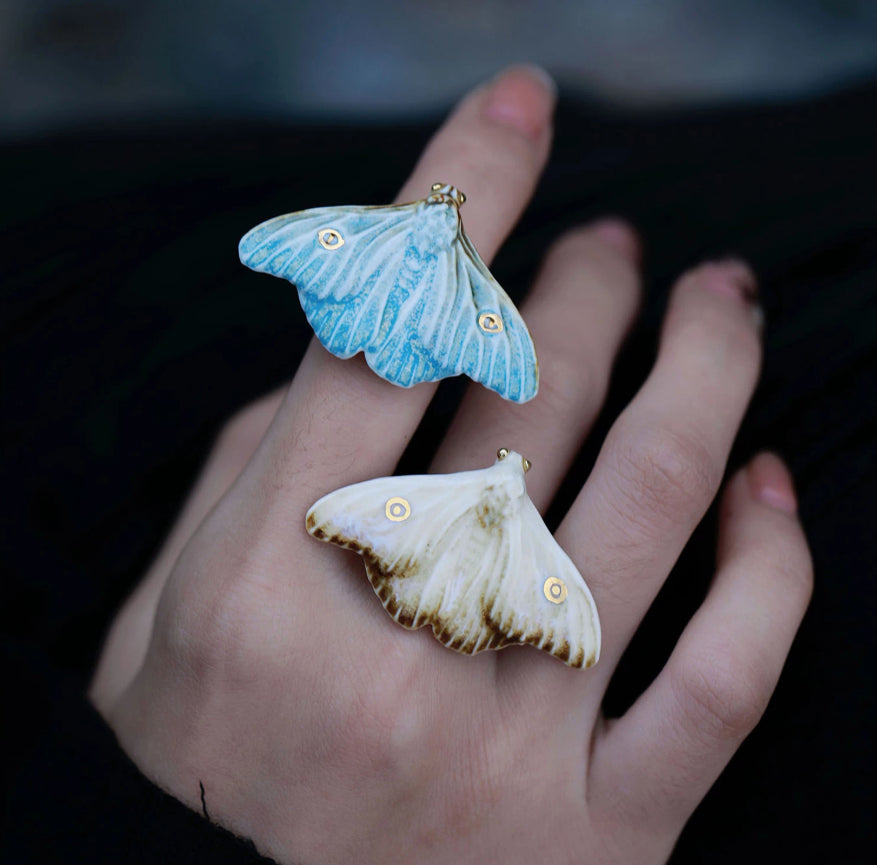 Yellow And Blue Moth Designed Versatile Everyday Artistic Ceramic Ring