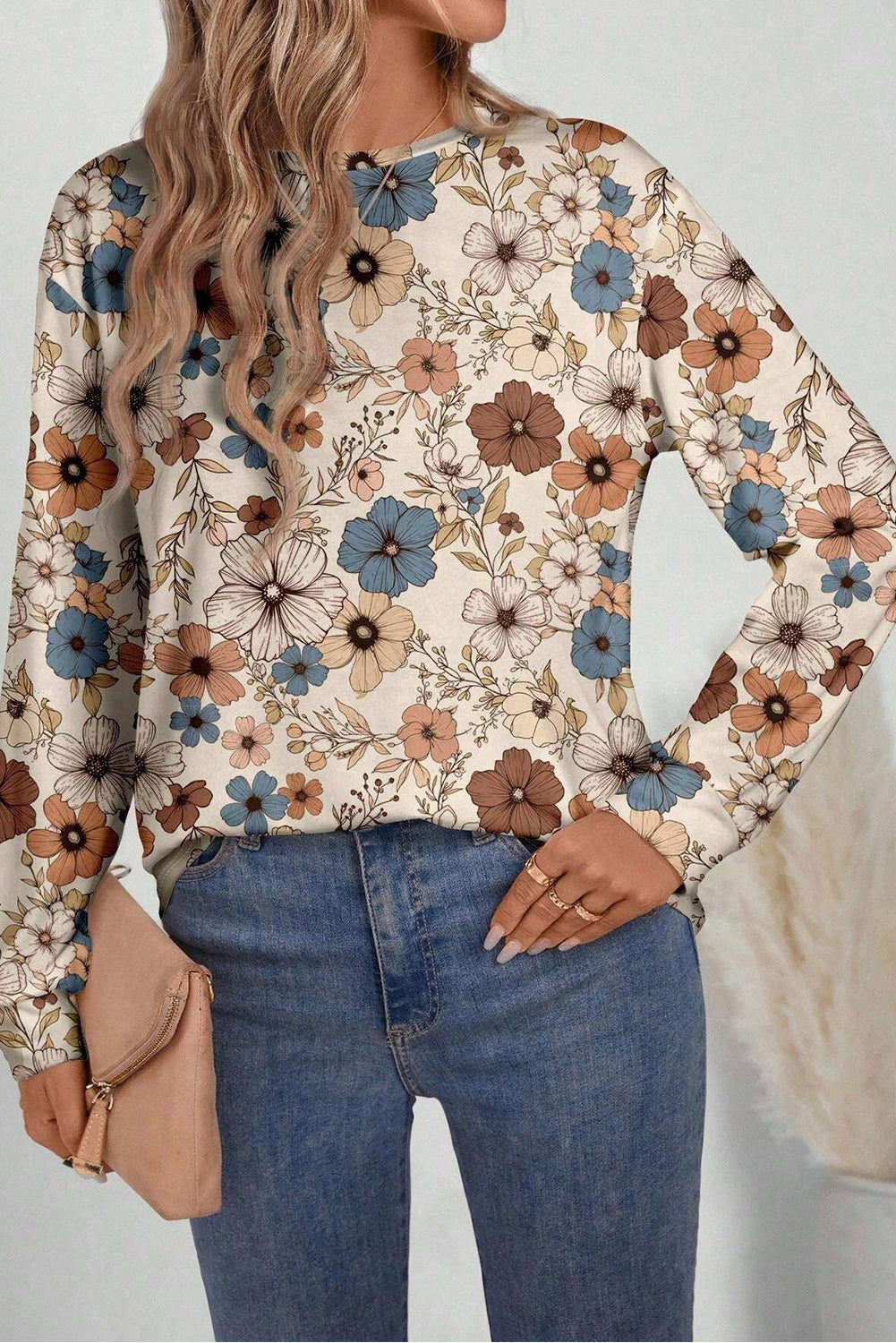 Khaki Floral Print Loose Crew Neck Long Sleeve T-Shirt