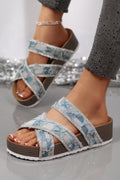Light blue denim strappy hollowed platform slippers with rhinestone embellishments