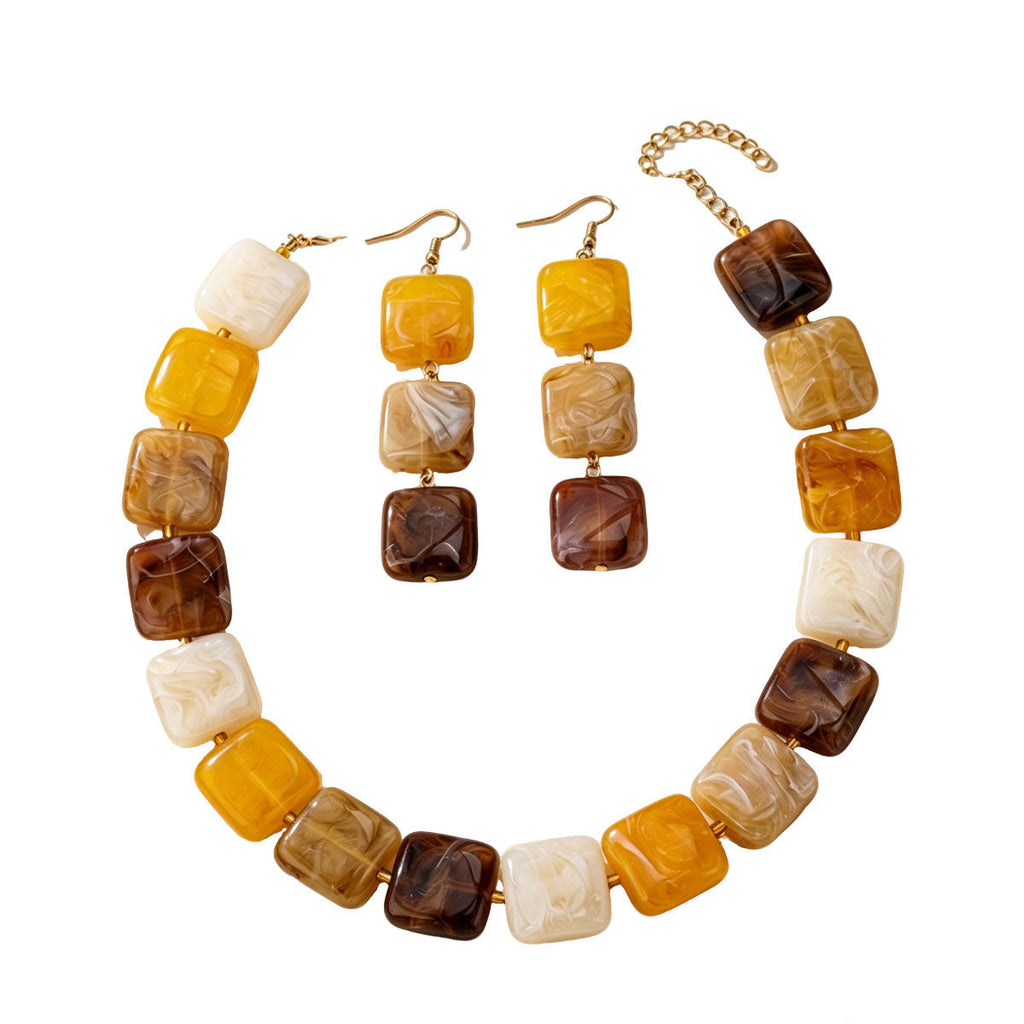 Women Retro Marbled Square Acrylic 2Pcs Jewelry Set, Caramel Amber Tone Beaded Choker Necklace Long Drop Earrings Gold Plated Spacers Fall Daily Gift