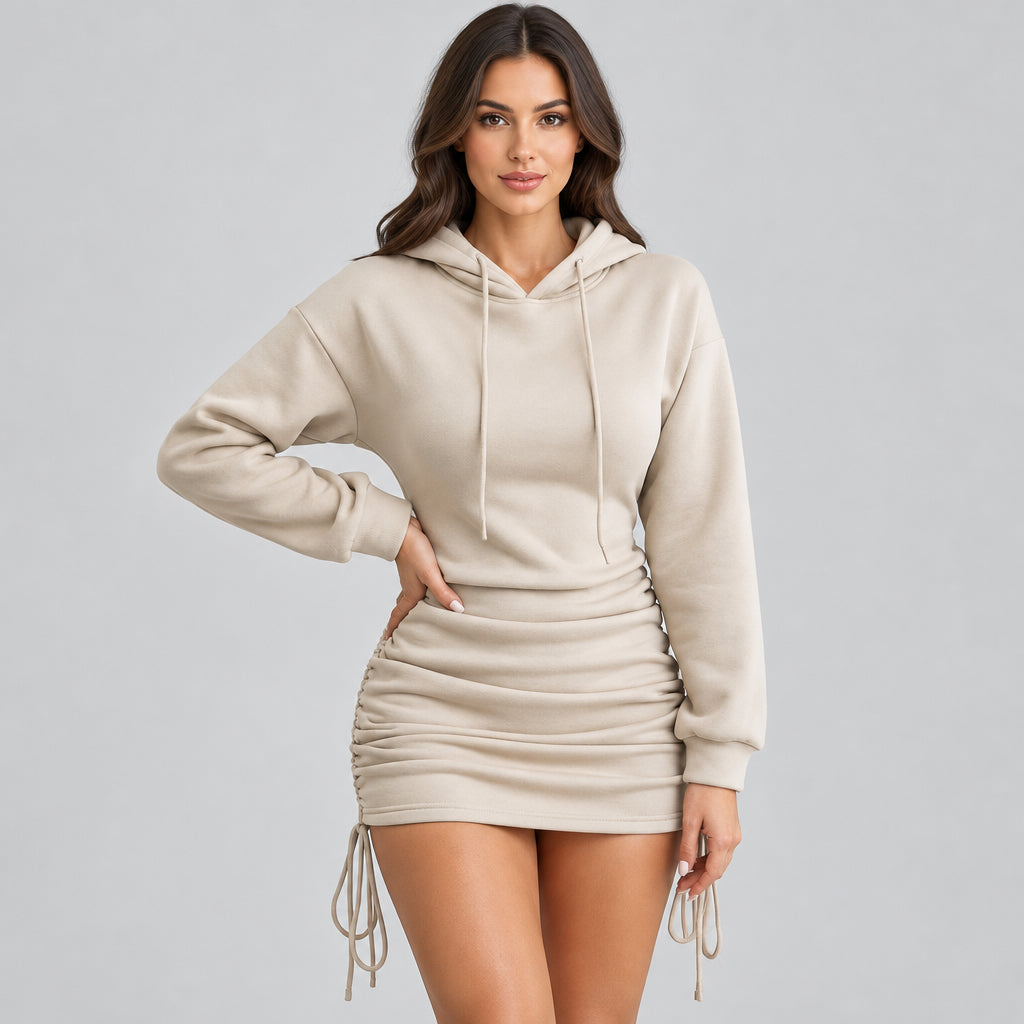 Women's Hooded Ruched Drawstring Mini Dress