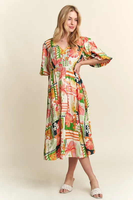 Floral V-Neck Puff Sleeve Midi Dress - Cream, Orange, Green, Pink