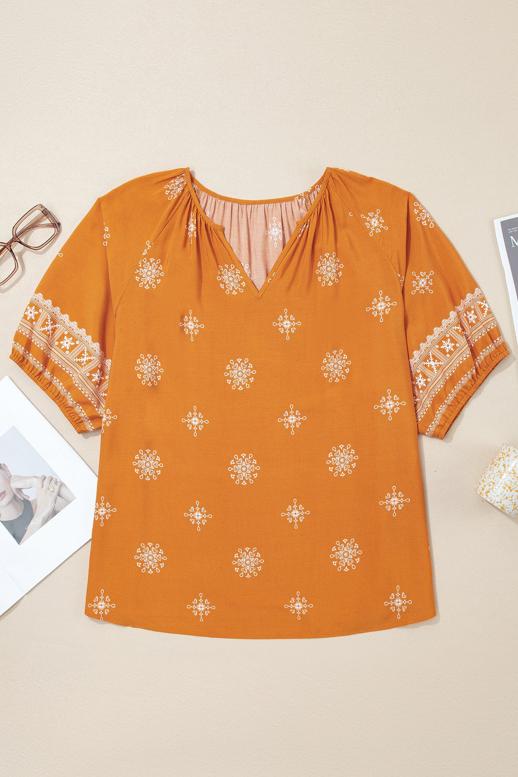 Yellow Boho Floral V-Neck Short Sleeve Top | Viscose