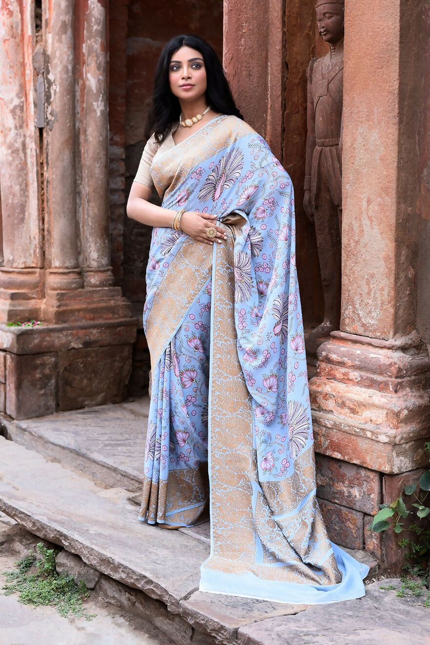 Light Blue Crepe Chiffon Handloom Banarasi Silk Saree
