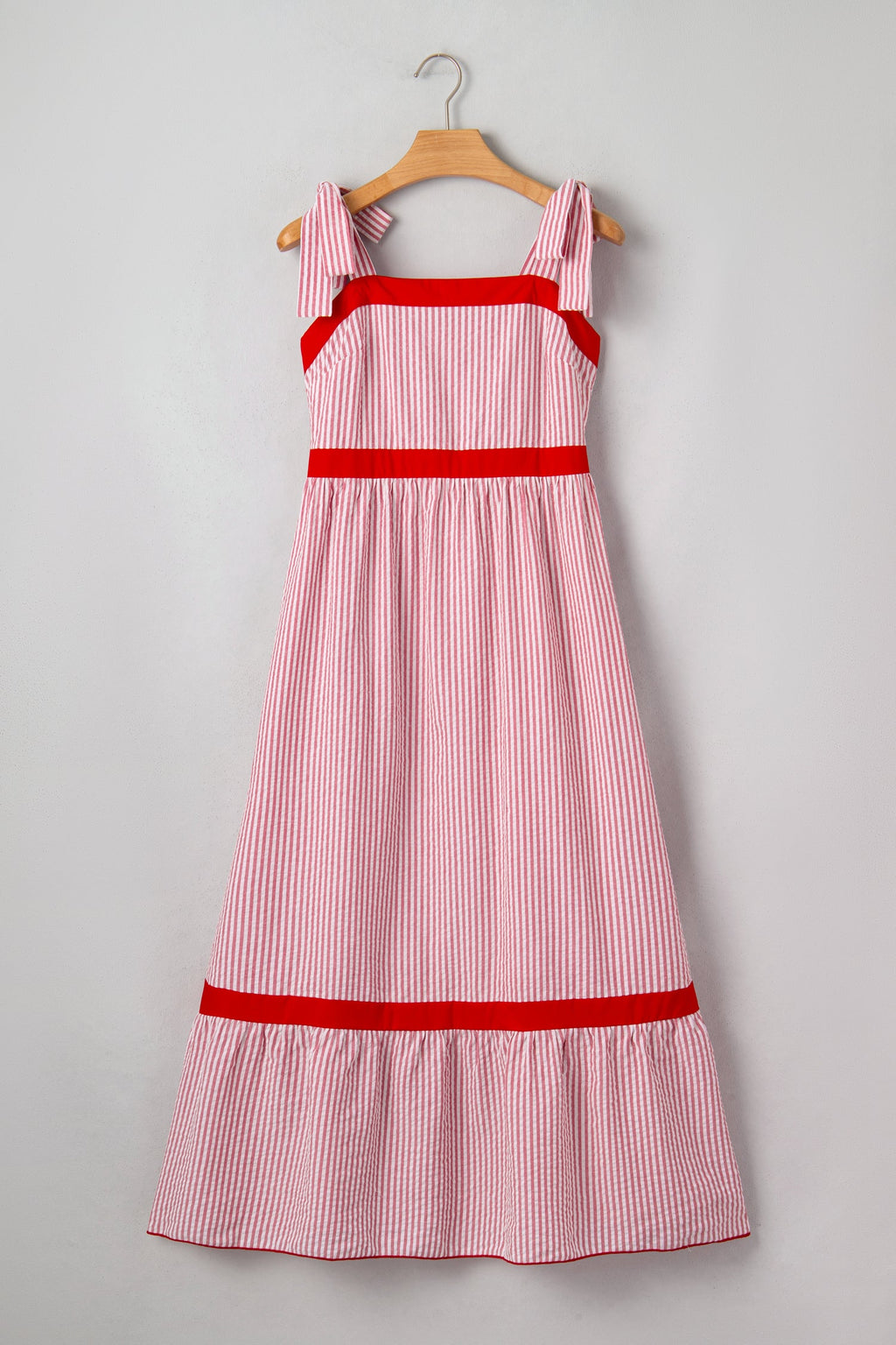 Rose Ruffle Hem Maxi Dress in Red and White Striped A-Line