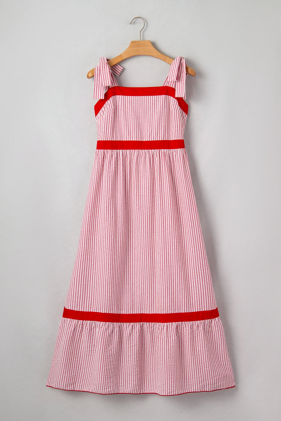 Stripe Bow Tie Straps Ruffle Hem Maxi Dress in Red and White