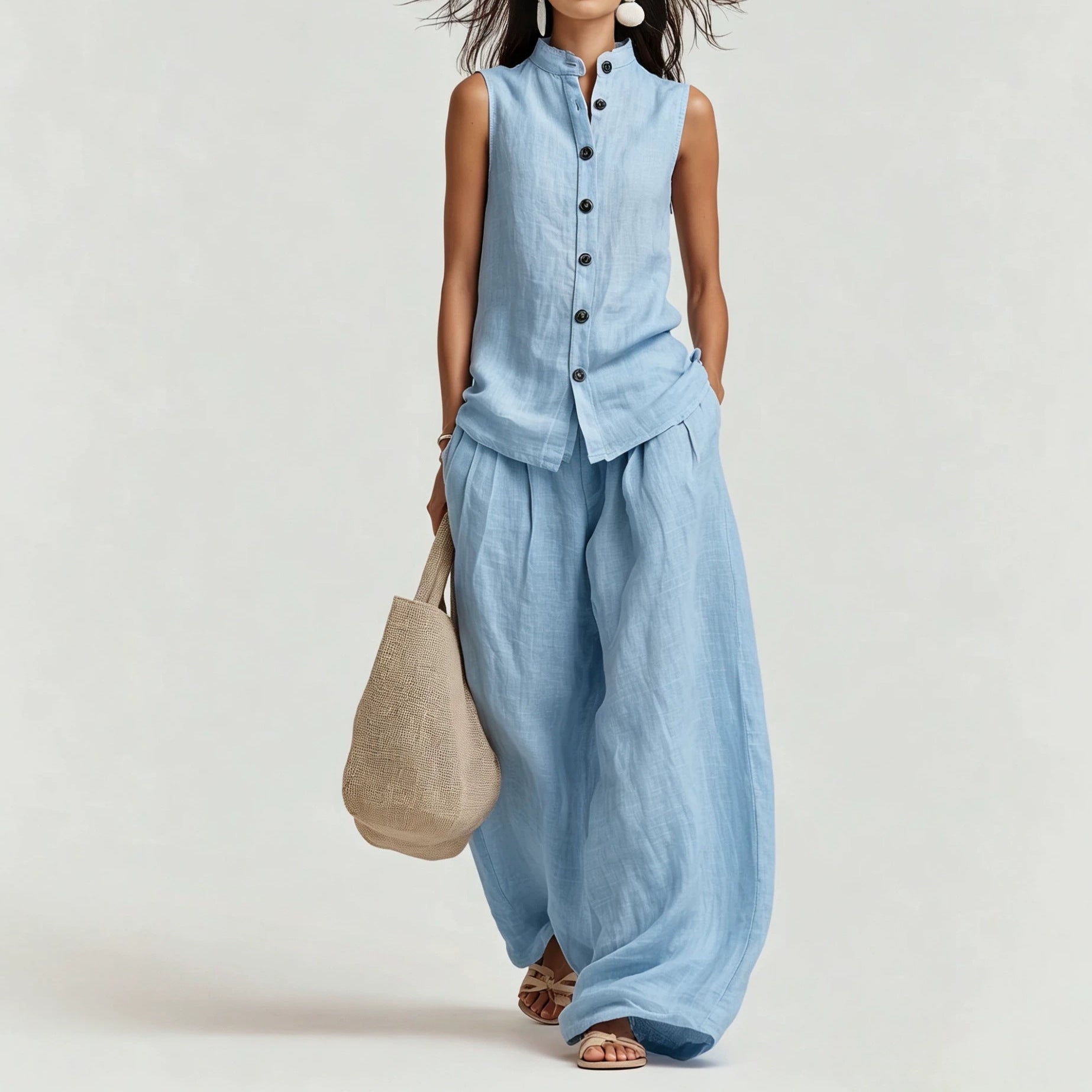 Women's Cotton-Linen Sleeveless Button-Down Vest and Wide Leg Set - Image 3