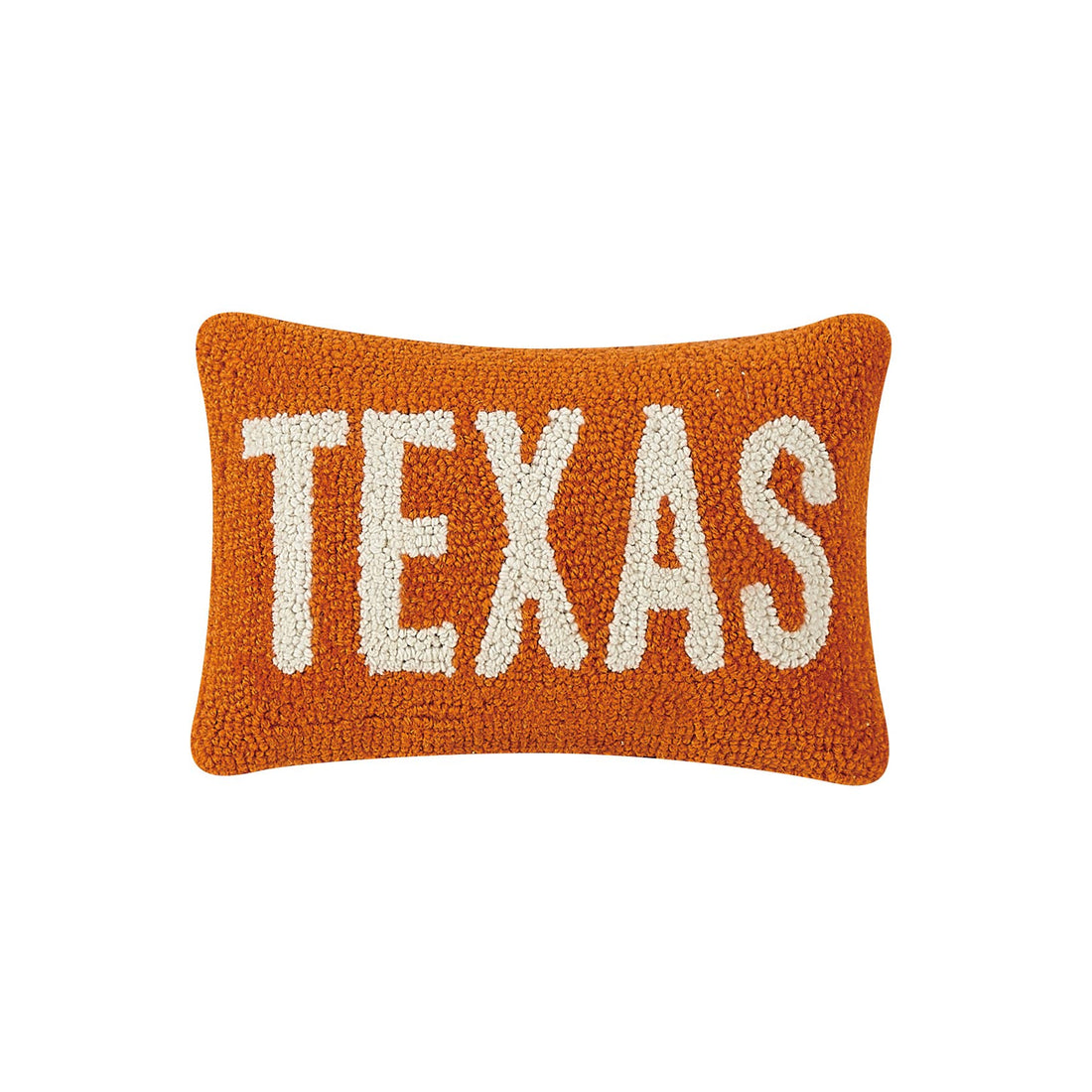 8x12 inch Texas Orange and White wool hooked throw pillow with velvet backing and zipper closure