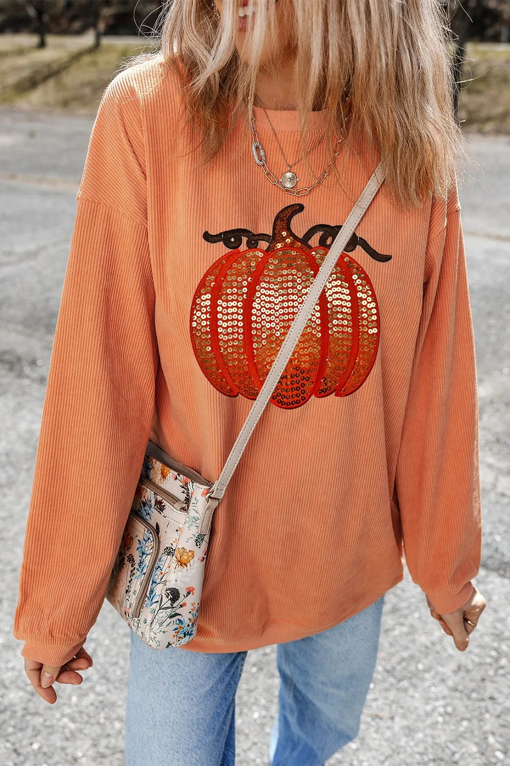 Women's Sequin Pumpkin Round Neck Long Sleeve Ribbed Sweatshirt