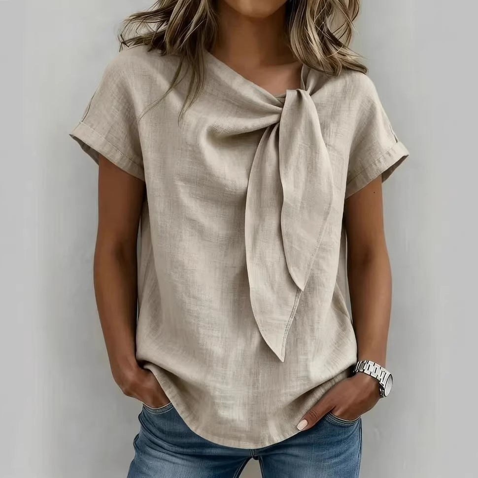 Women's Short Sleeve Tie Neck Blouse in Yellow and Beige