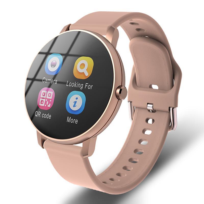 Waterproof fitness smartwatch in pink and black featuring activity tracking and GPS route display