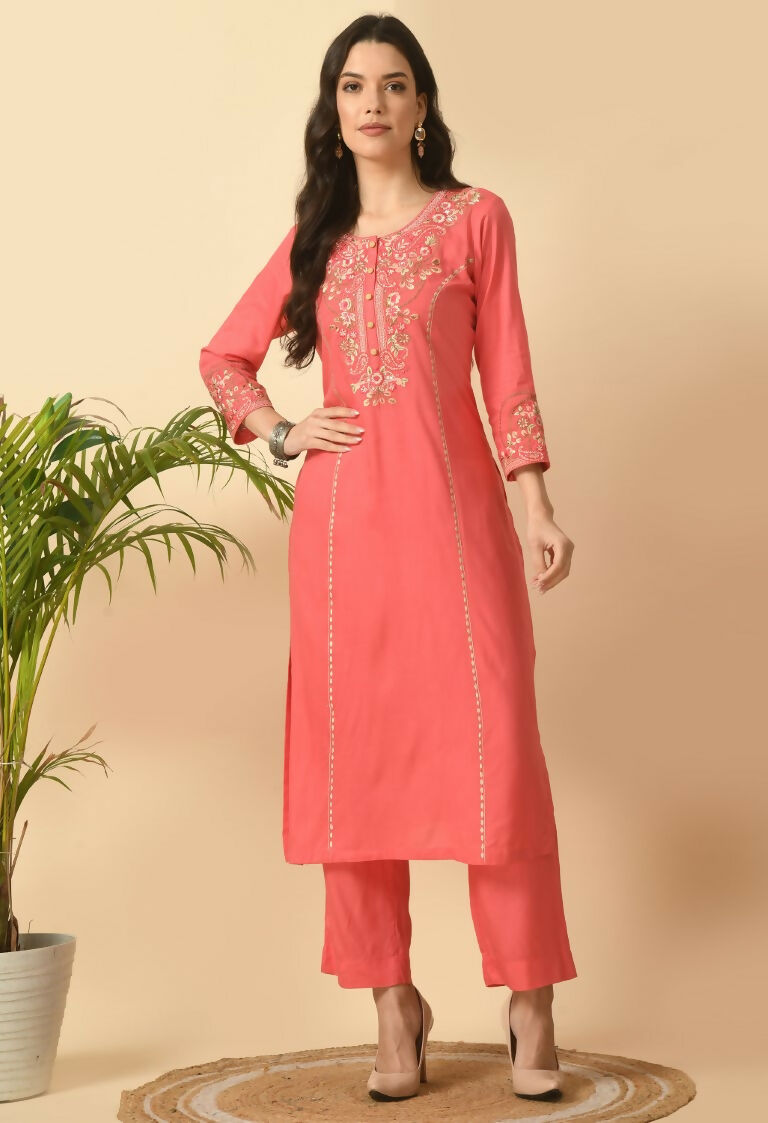 Coral Cotton Rayon Kurta Set - Two-Piece Ethnic Ensemble