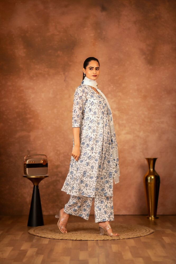 Blue Hand Block Printed Cotton Suit Set for Women