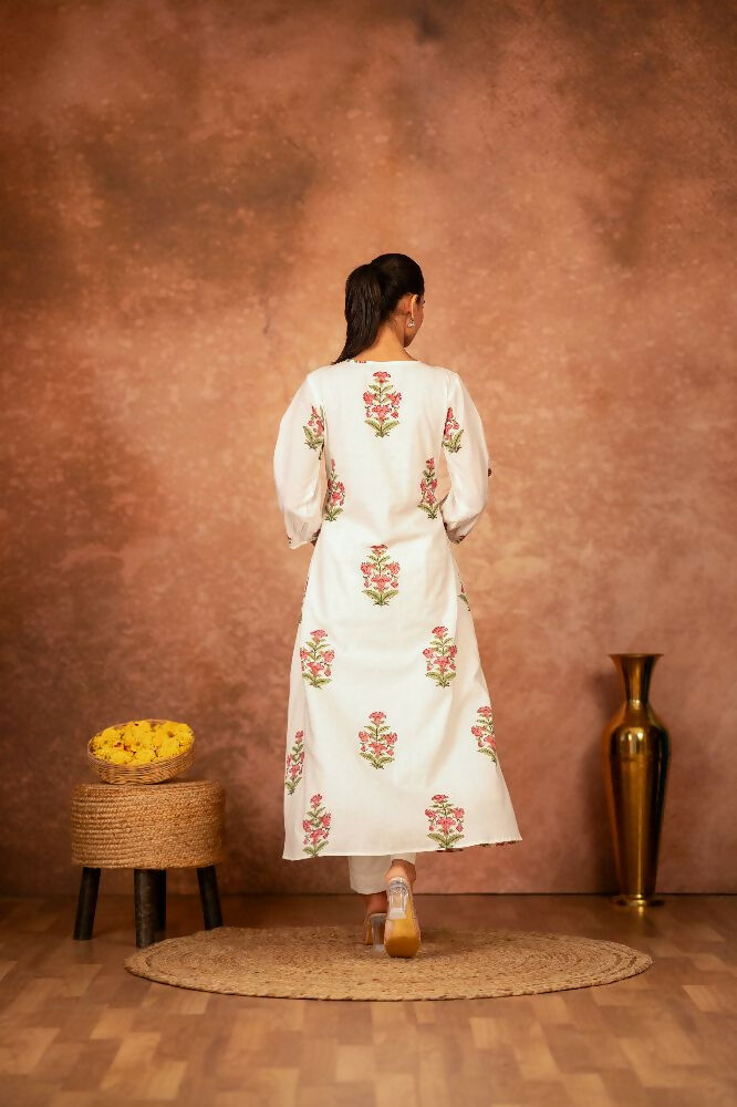 Off White & Pink Floral Hand Block Printed Cotton Kurta Set