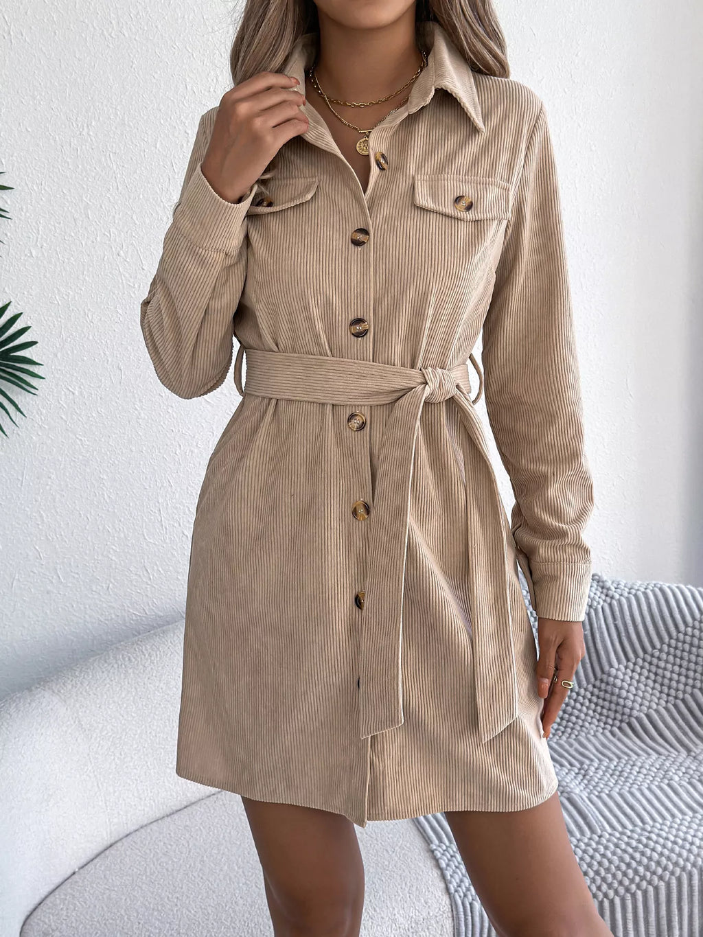 Button-Front Corduroy Shirt Dress