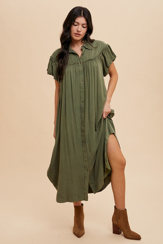 Olive Green Mineral Washed Puff Sleeve Shirt Dress