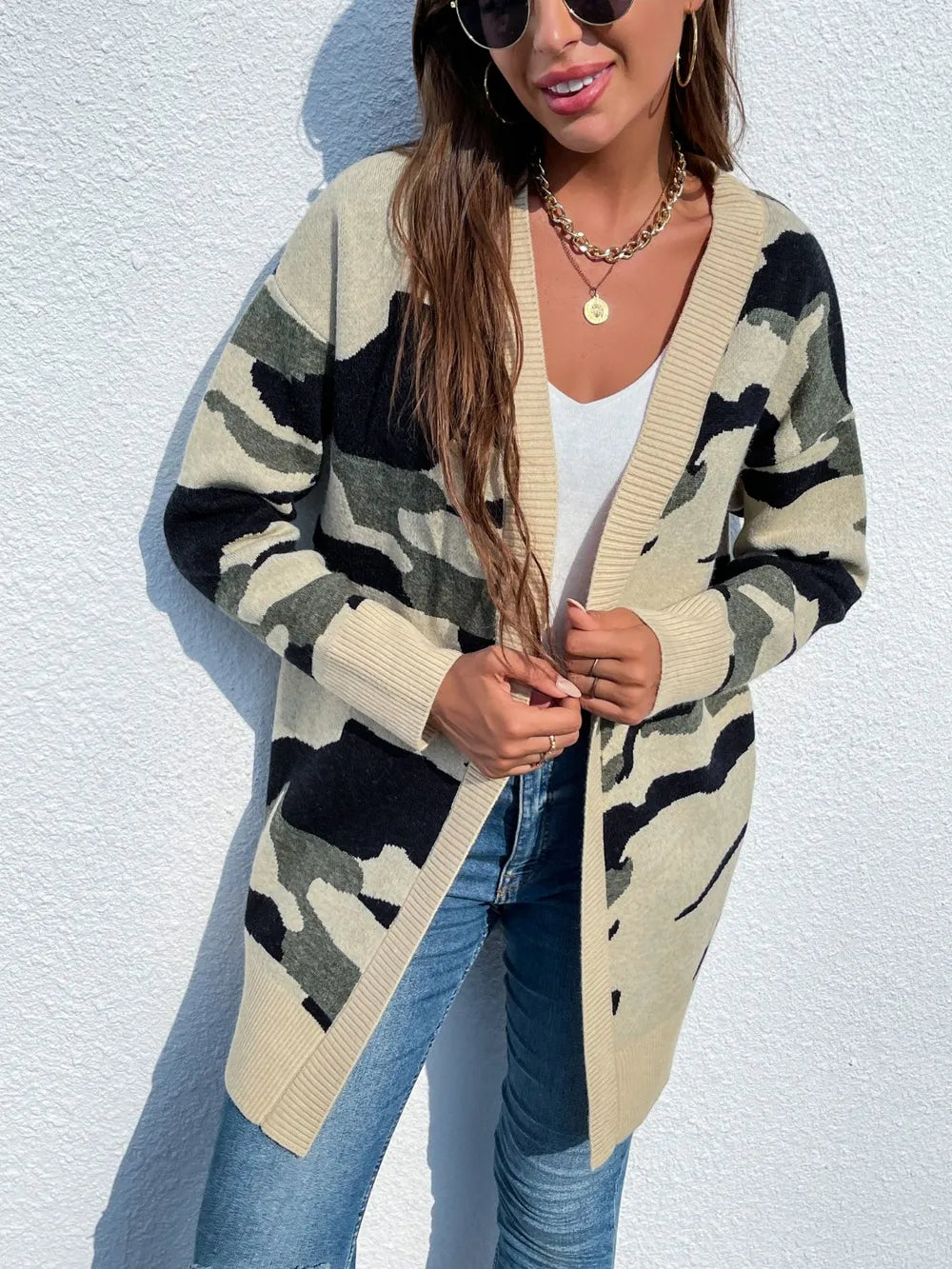 Camouflage Dropped Shoulder Open Front Cardigan | Viscose Knit
