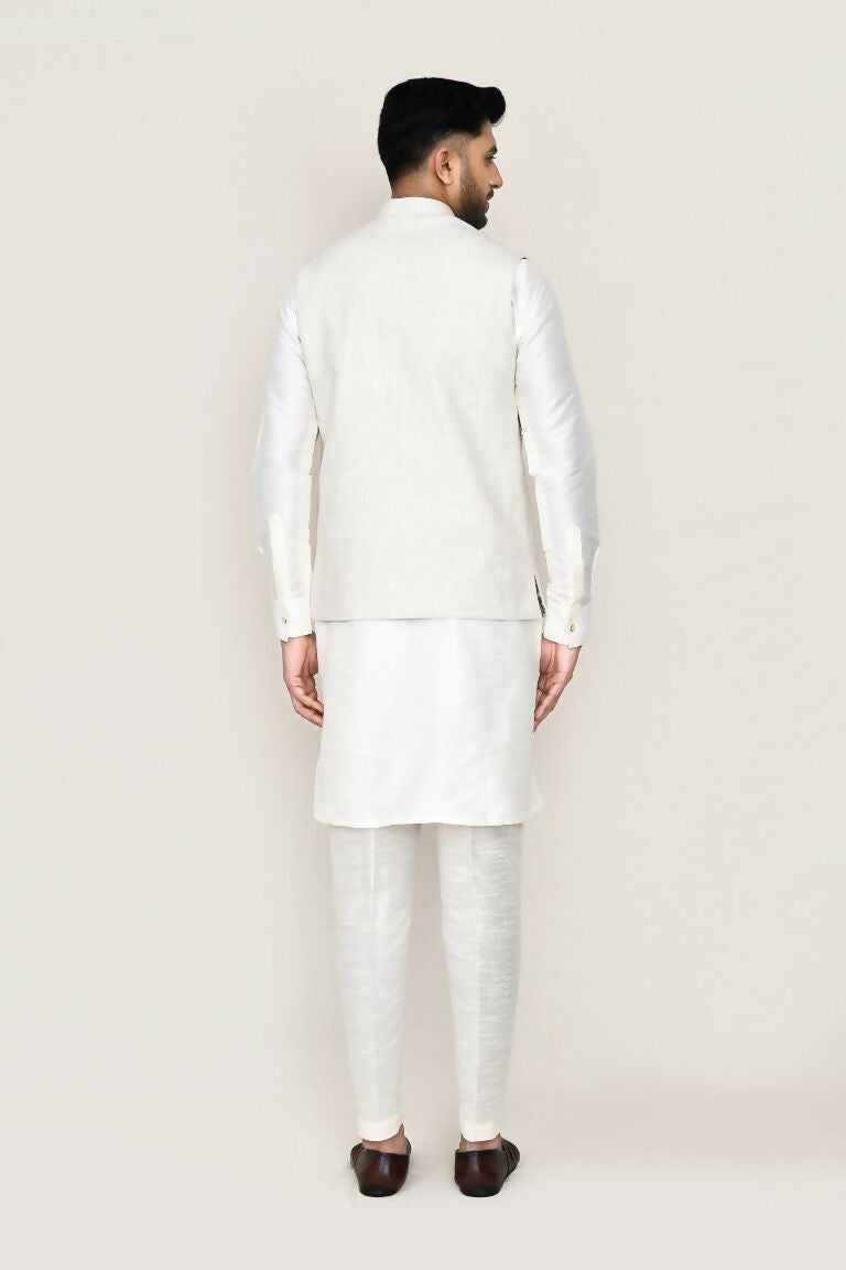 White Art Silk Kurta Set with Matching Jacket and Straight Pants