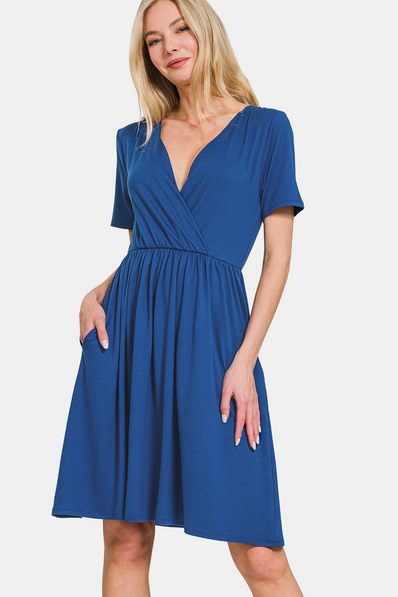 Comfortable short sleeve dress in soft brushed fabric with a flattering surplice neckline