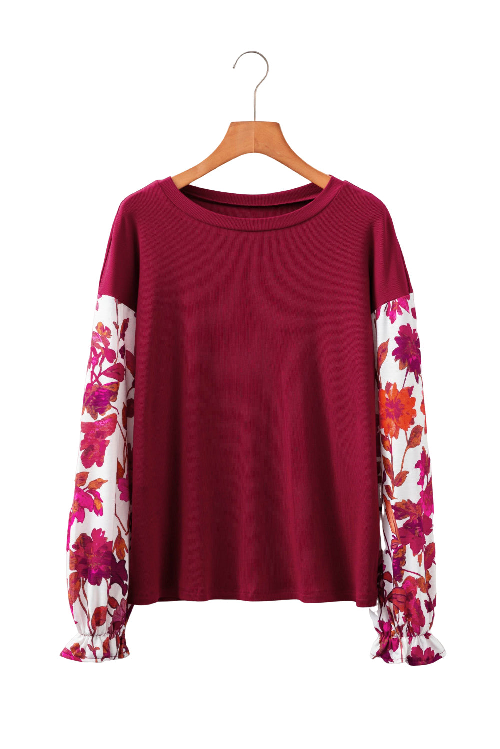 Wild Ginger Contrast Floral Sleeve Solid Ribbed Long Sleeve Top