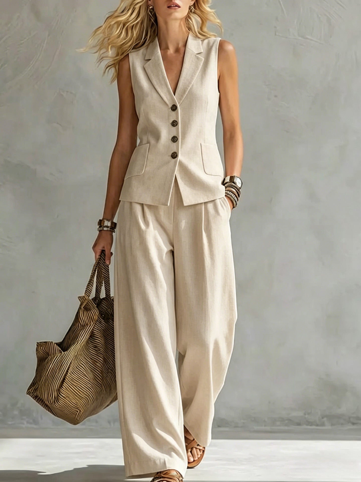 Women's Button-Down Vest and Wide-Leg Pants Two-Piece Set - Image 6