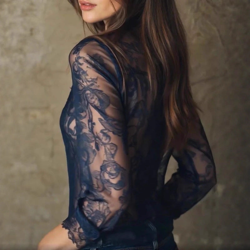 Women’s Navy Lace Long Sleeve Button-Down Blouse Sheer Top - Image 2