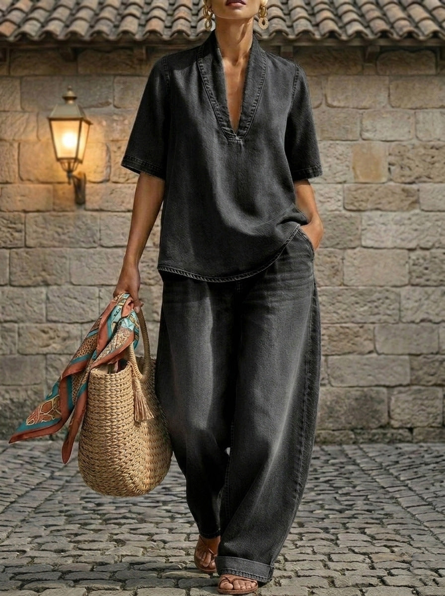 Washed Denim V-Neck Top and Wide-Leg Pants Set - Image 6