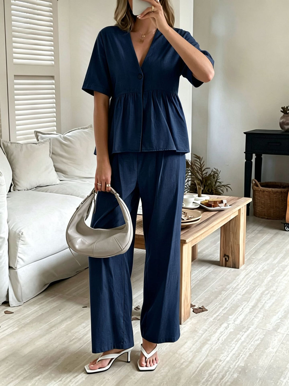 Women's V-Neck Peplum Top and Wide-Leg Pants Two Piece Set - Image 11