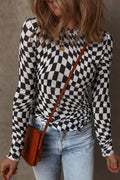 Checker Mesh Mock Neck Long Sleeve Top