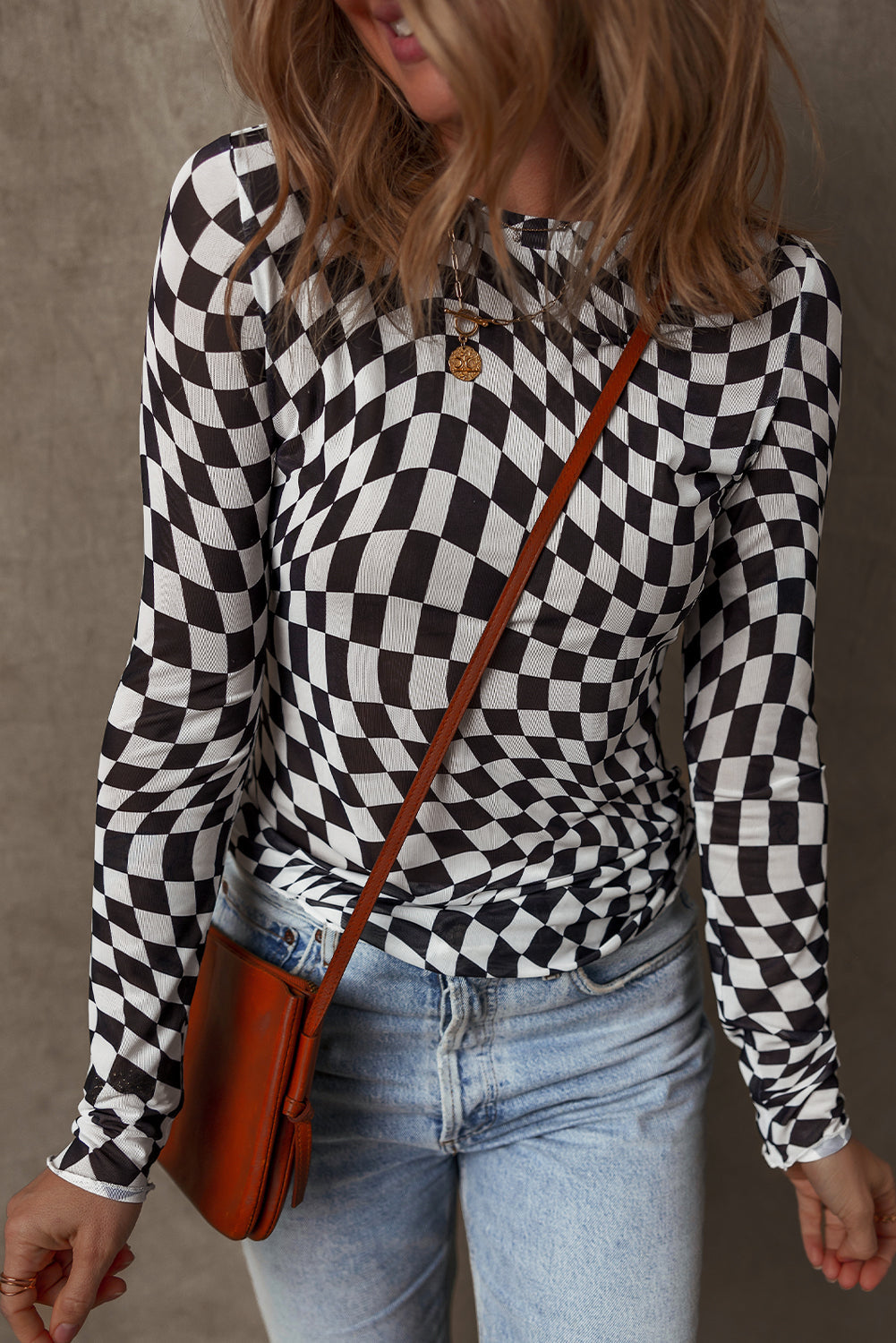 Checker Mesh Mock Neck Long Sleeve Top