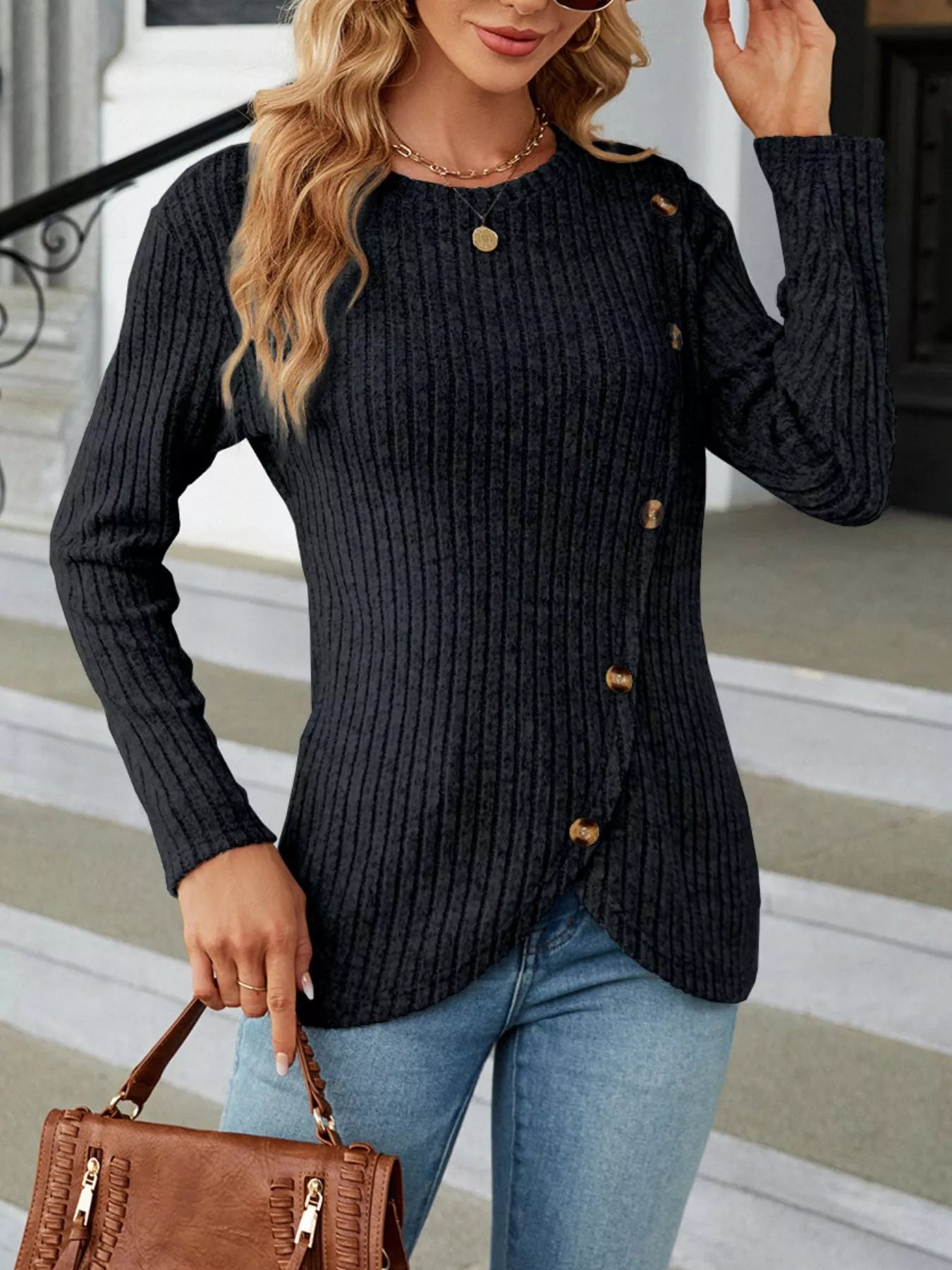Blue Ribbed Knit Long Sleeve Top with Decorative Button Detail - Image 17
