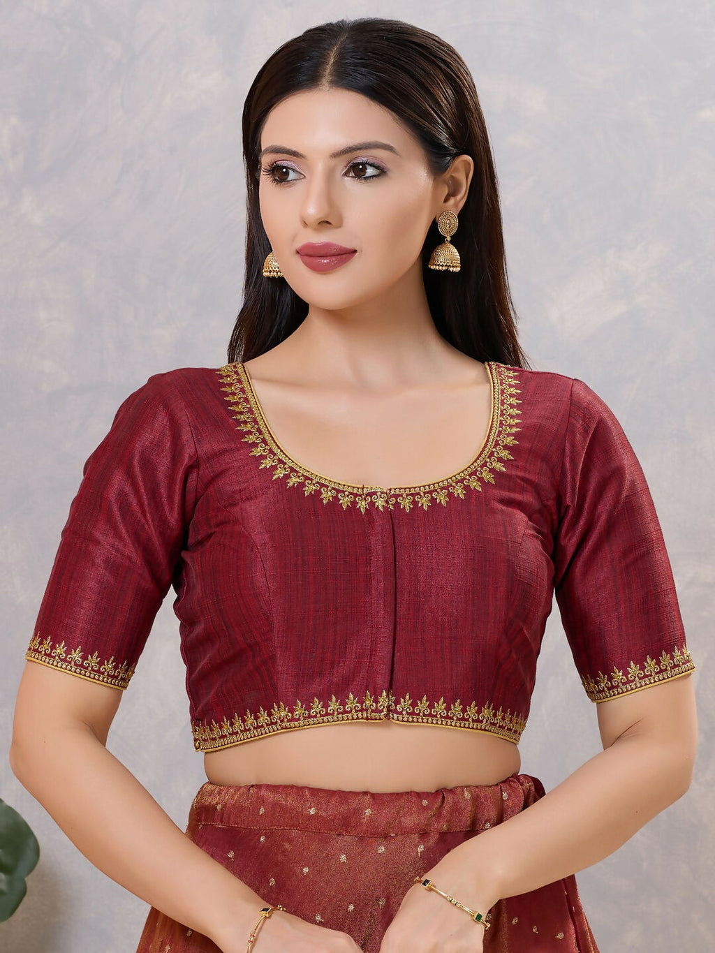 Elegant Dark-Maroon silk embroidered blouse for women
