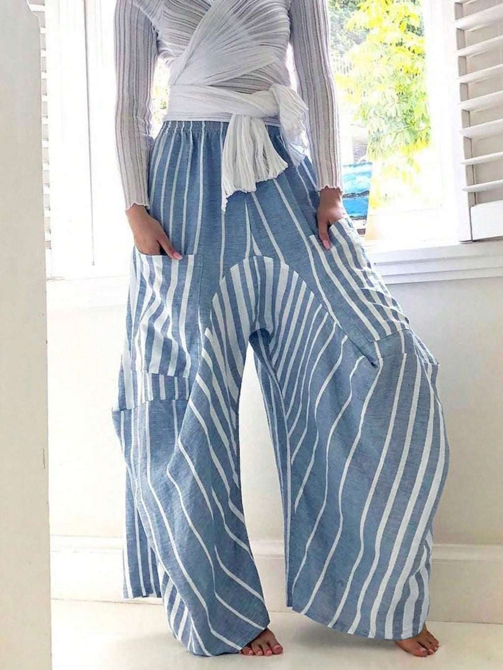 Striped Elastic Waist Wide Leg Pants | High Rise Bohemian