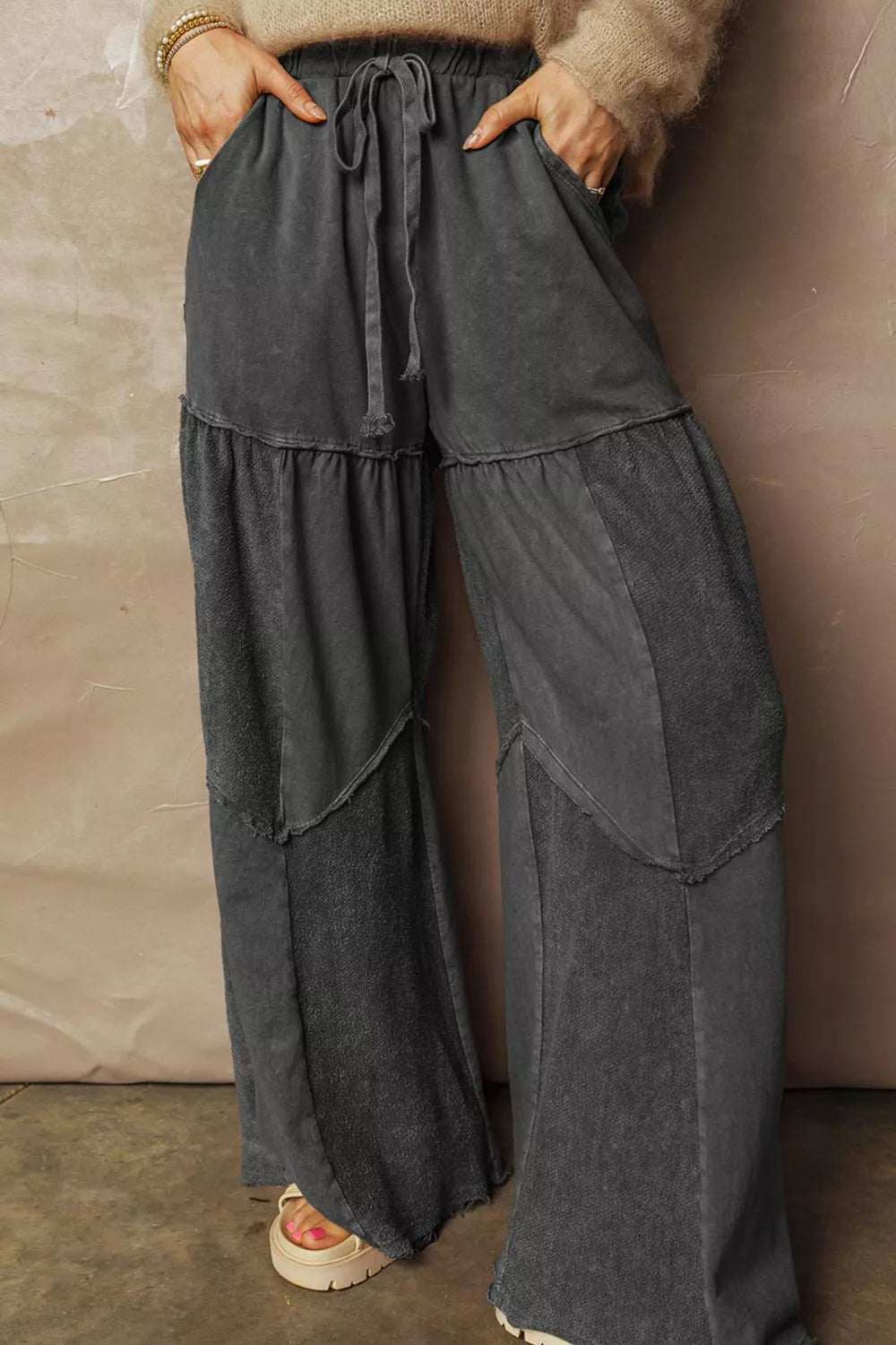 Mineral Wash Tiered Wide Leg Patchwork Drawstring Pants