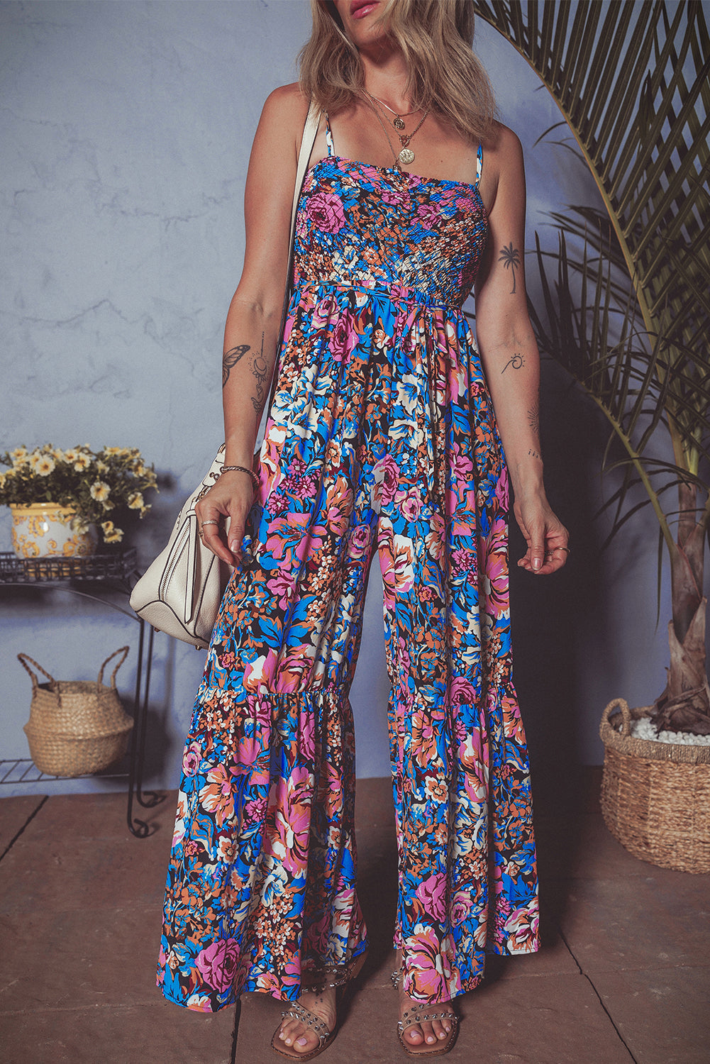 Pink Floral Smocked Bust Spaghetti Strap Wide Leg Jumpsuit