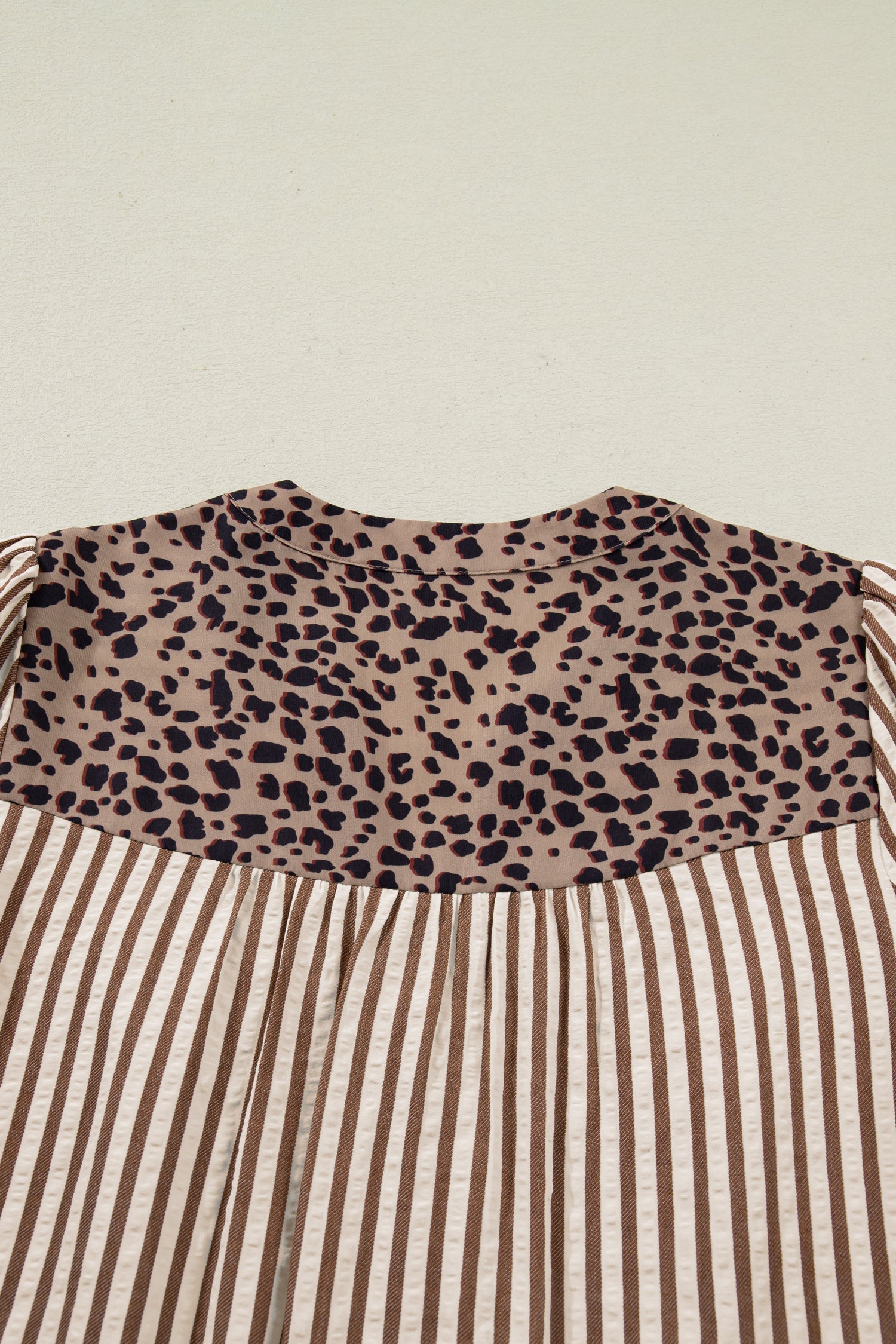 Brown Stripe Leopard Trim V Neck Button Down Half Sleeve Shirt