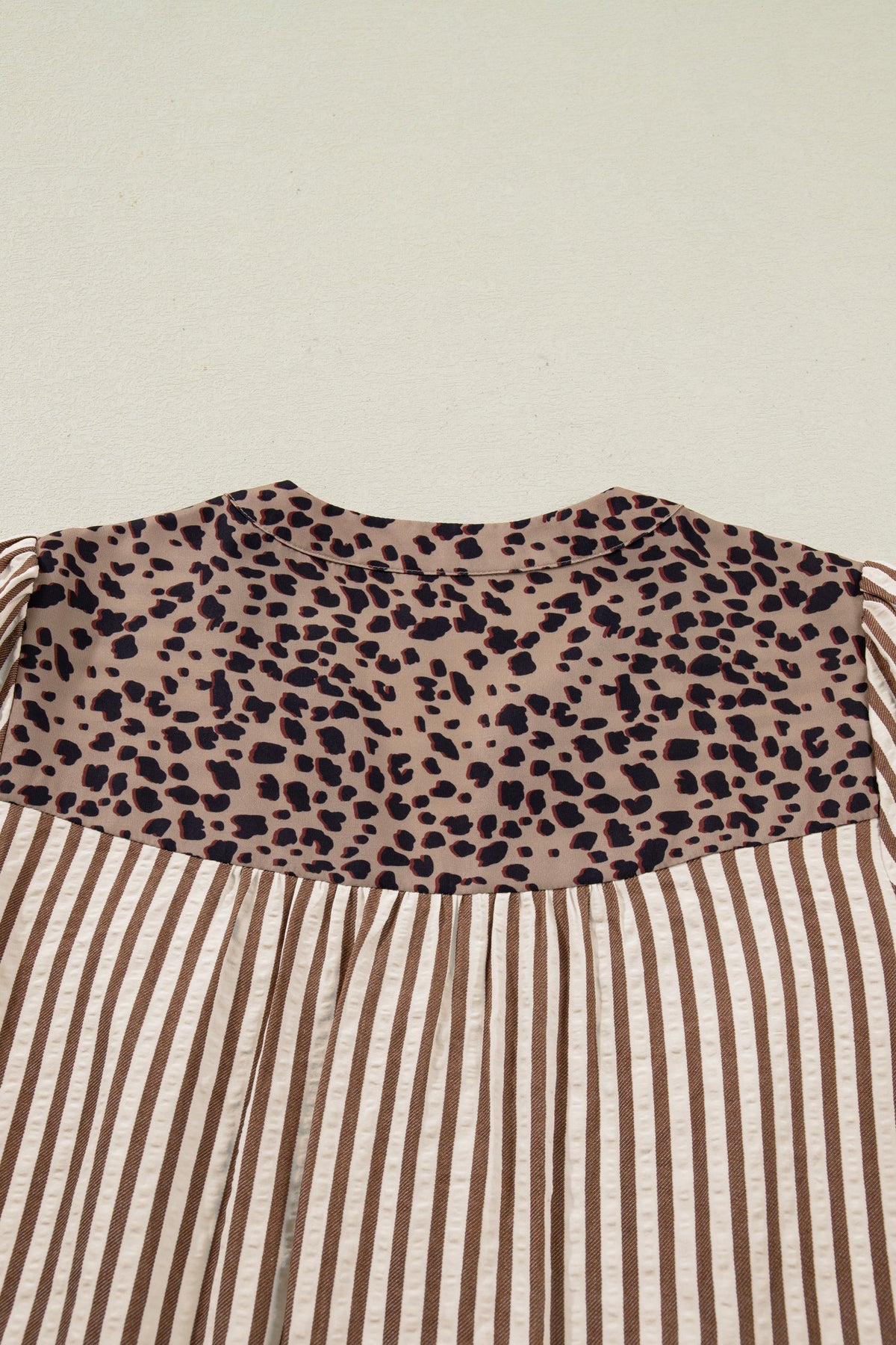 Stripe Leopard Trim V-Neck Buttoned Short Sleeve Shirt