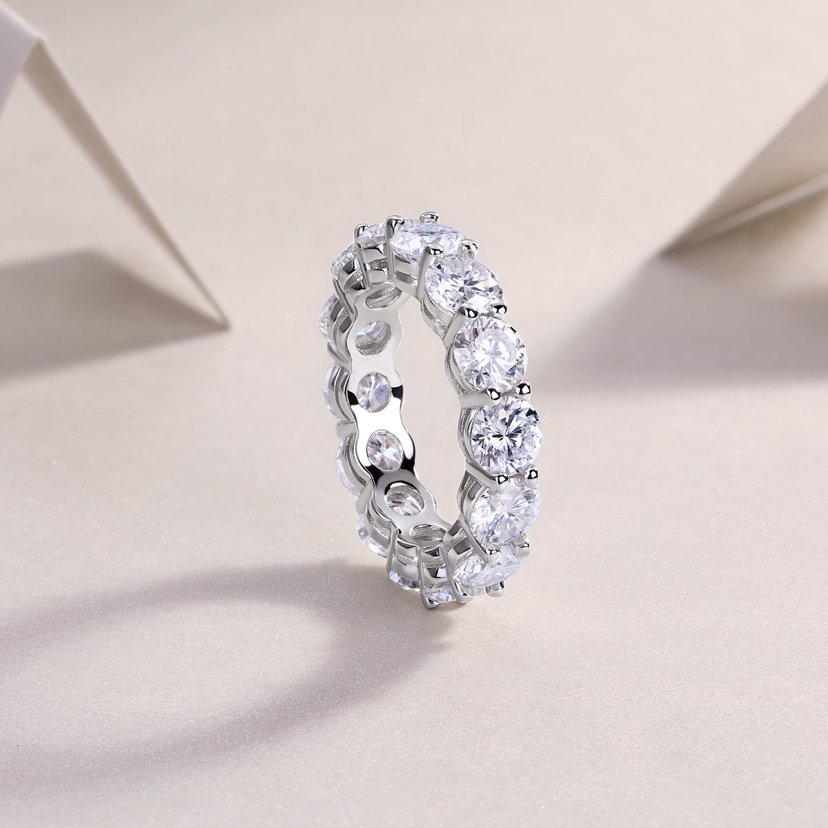 S925 Silver 3.5g Platinum Plated Moissanite Eternity Ring, 5.0mm 13pcs D VVS1 Band, GRA Certified US 5-9