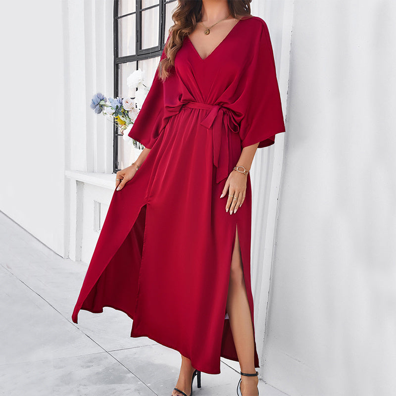 Women's V-Neck Bat Sleeve Long Dress with Split Hem and Lace-Up