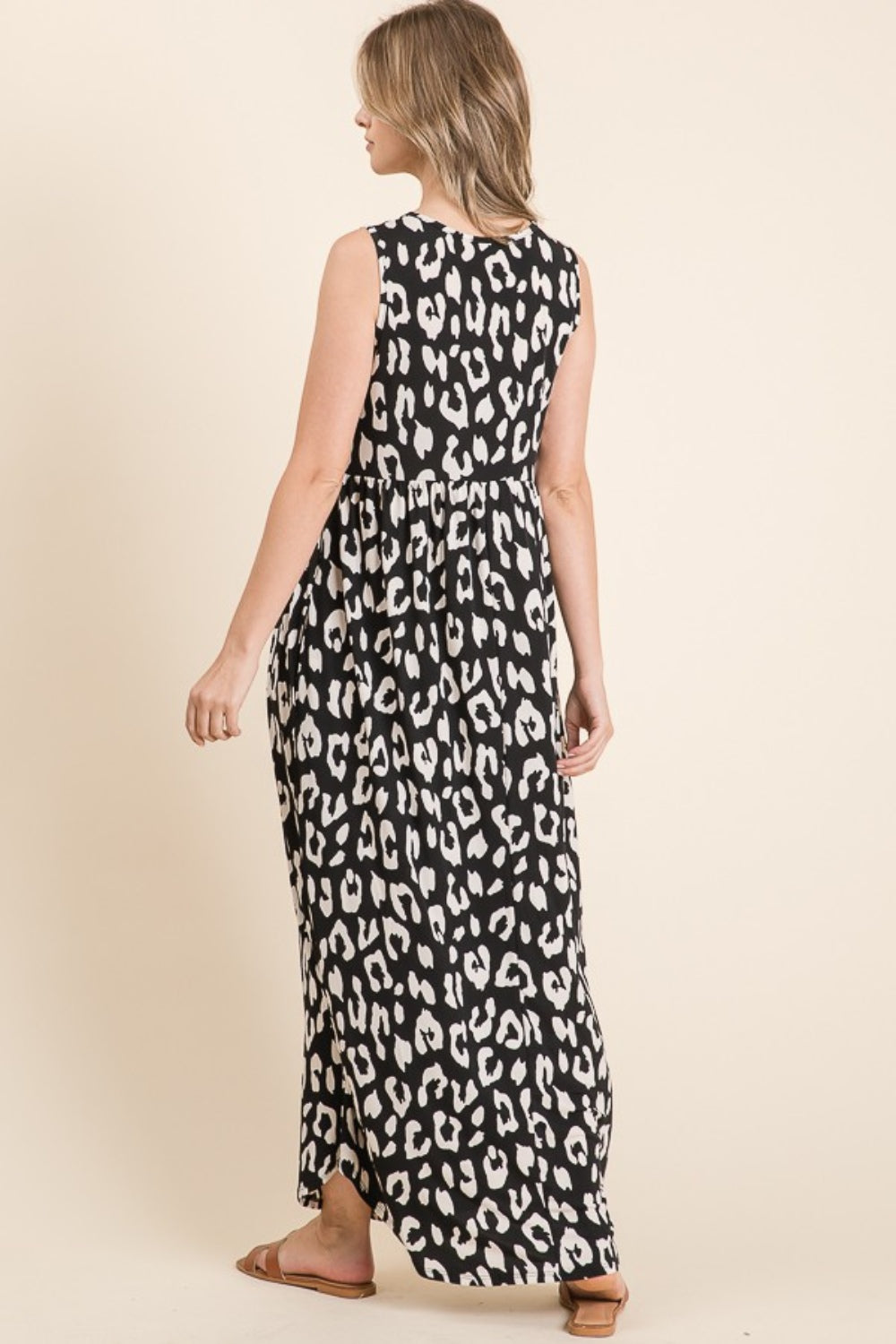 Leopard Print Maxi Dress with Pockets and Shirred Waist