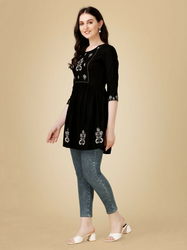 Women's Black Embroidered Viscose Rayon Casual Top