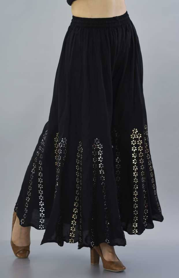 Chic black palazzo pants with mirror work floral embroidery