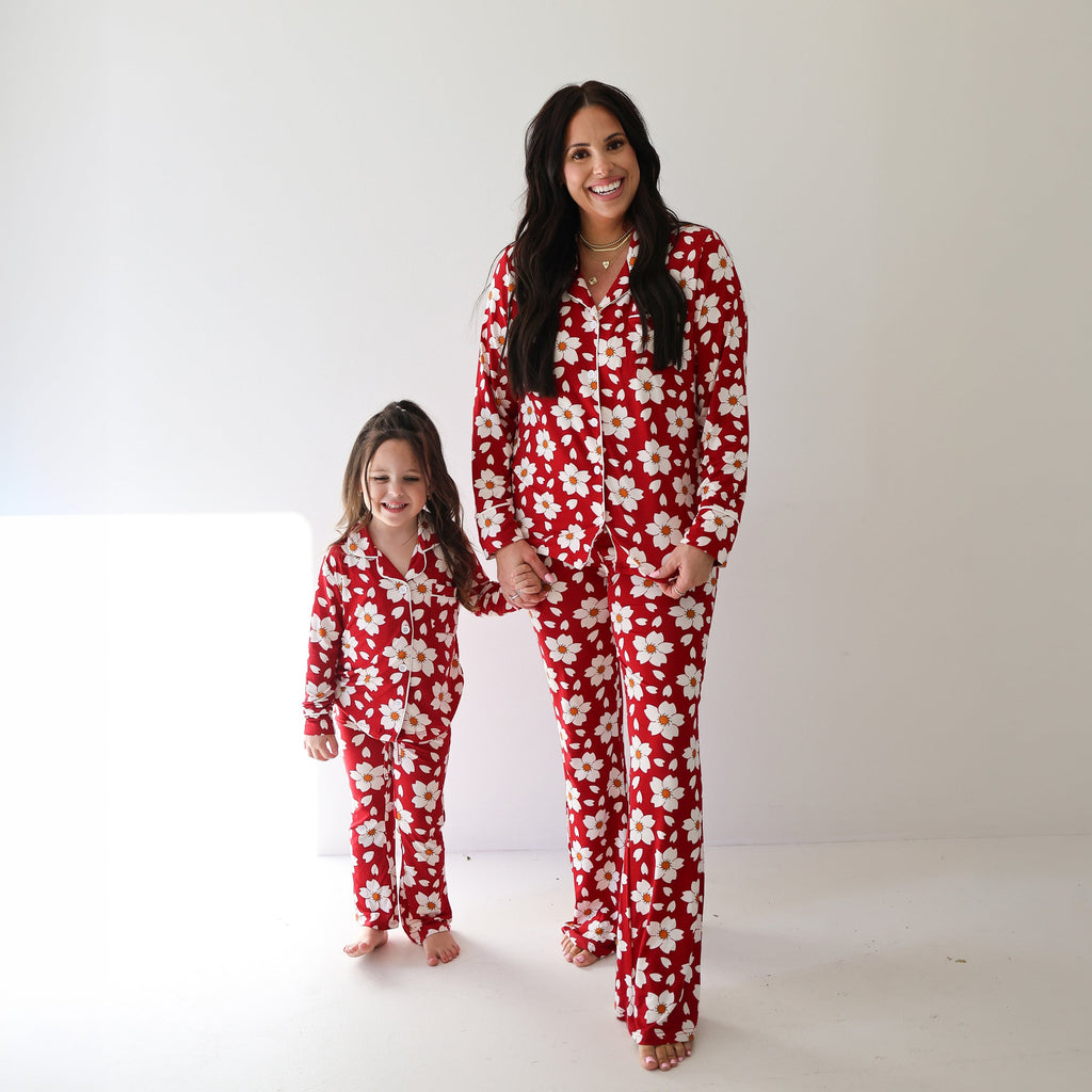 Womens Bamboo Button Up Long Sleeve Lounge Set Cherry Blossoms - Image 2