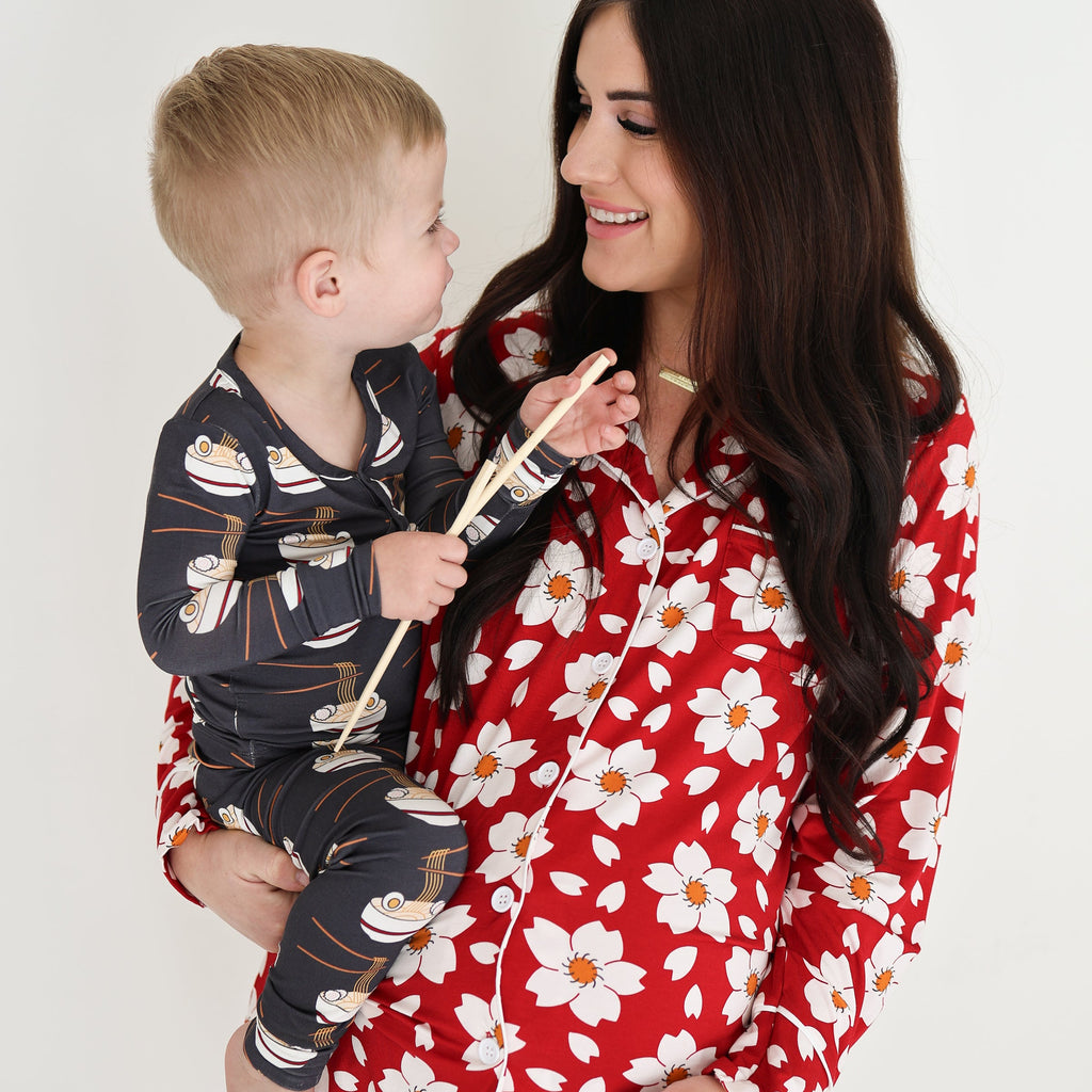 Womens Bamboo Button Up Long Sleeve Lounge Set Cherry Blossoms - Image 6