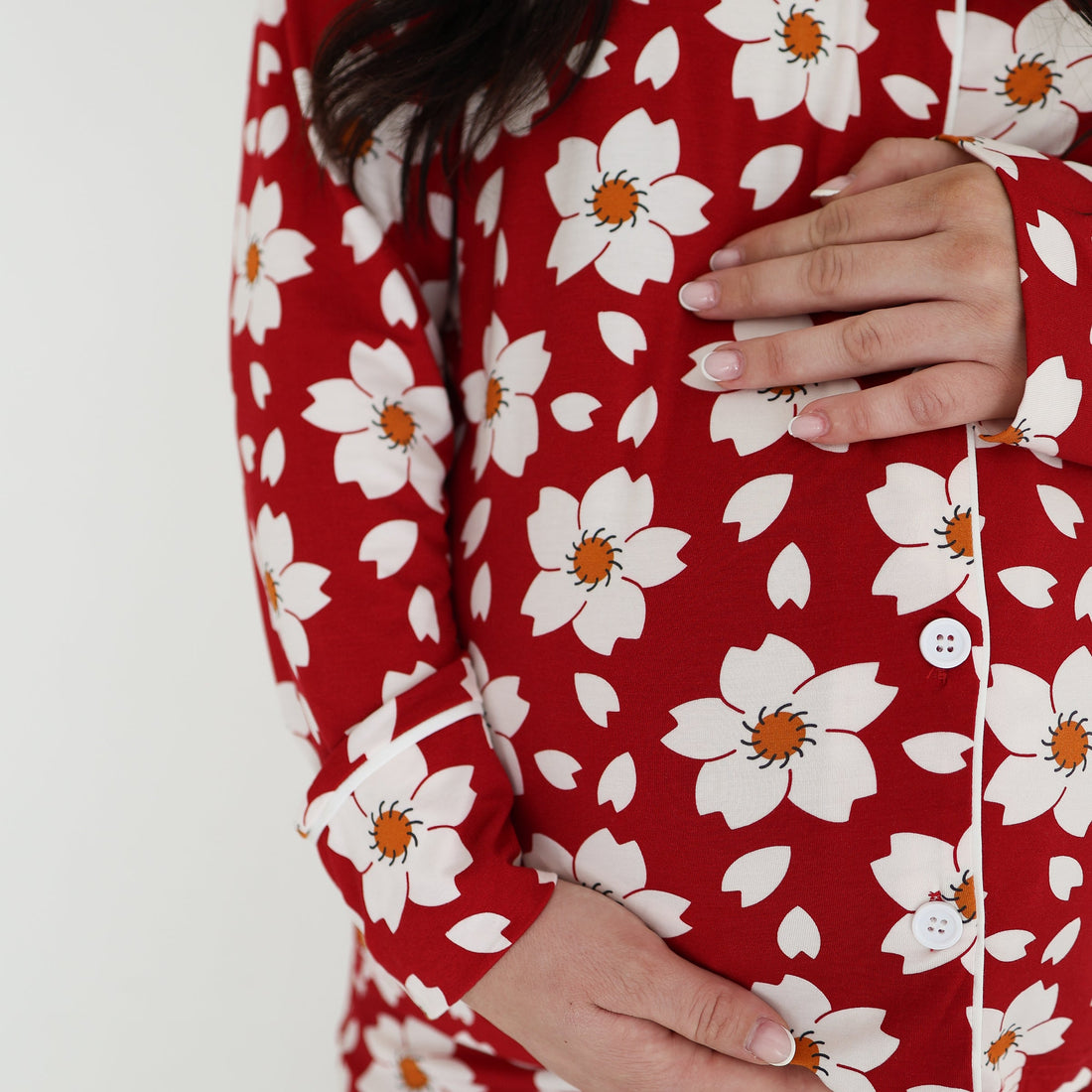 Womens Bamboo Button Up Long Sleeve Lounge Set Cherry Blossoms - Image 5