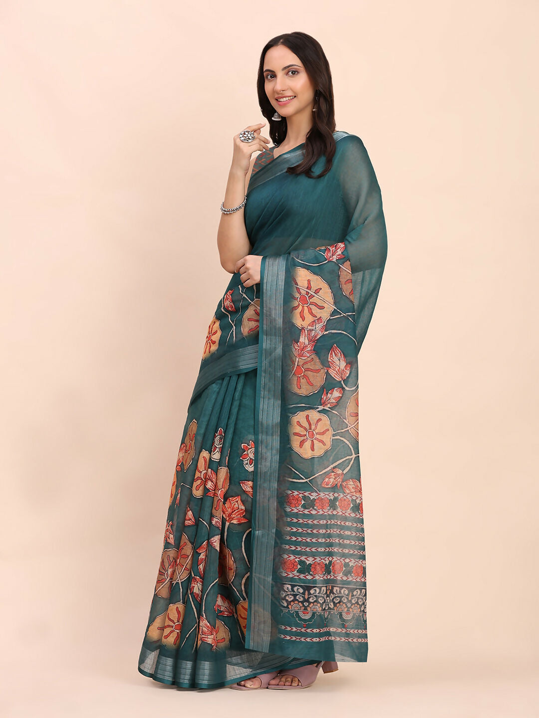 Teal Blue Linen Cotton Saree with Matching Blouse Piece