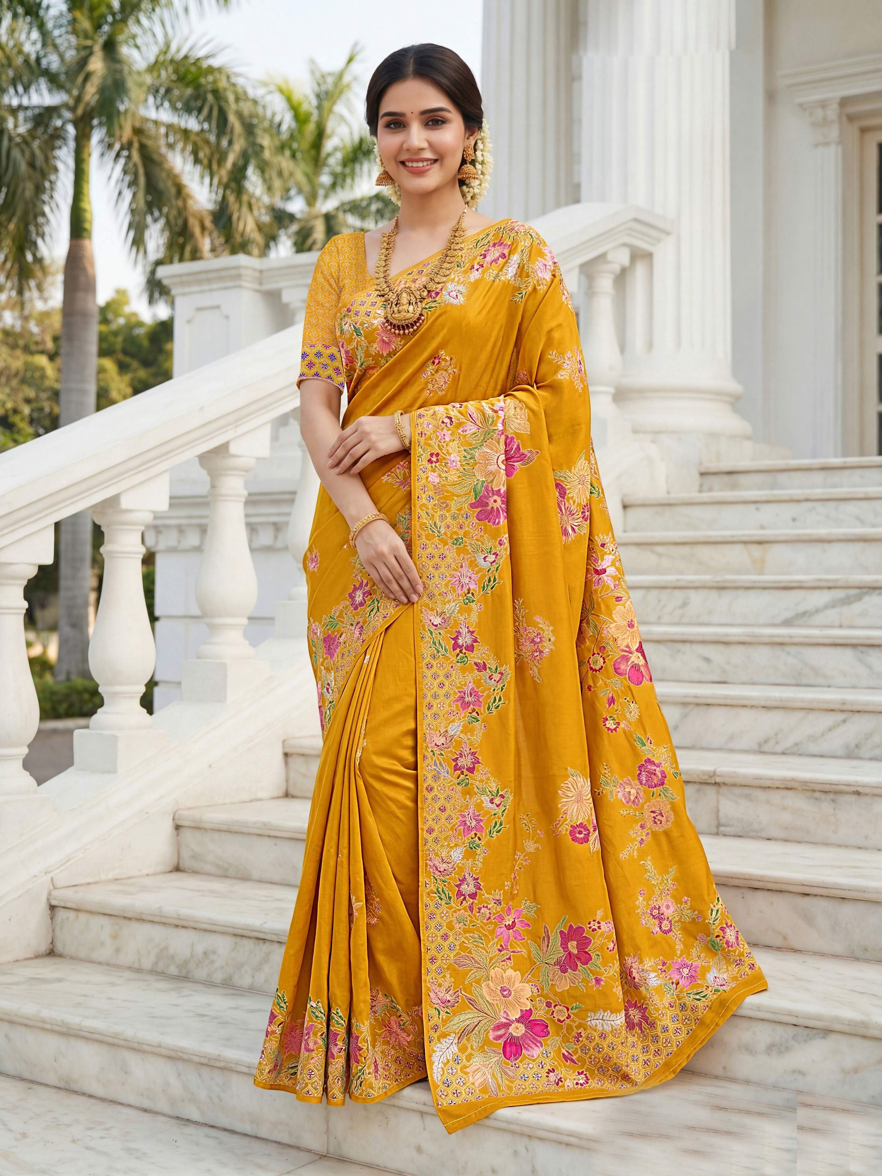 A stylish mustard Russian silk saree adorned with delicate floral prints.