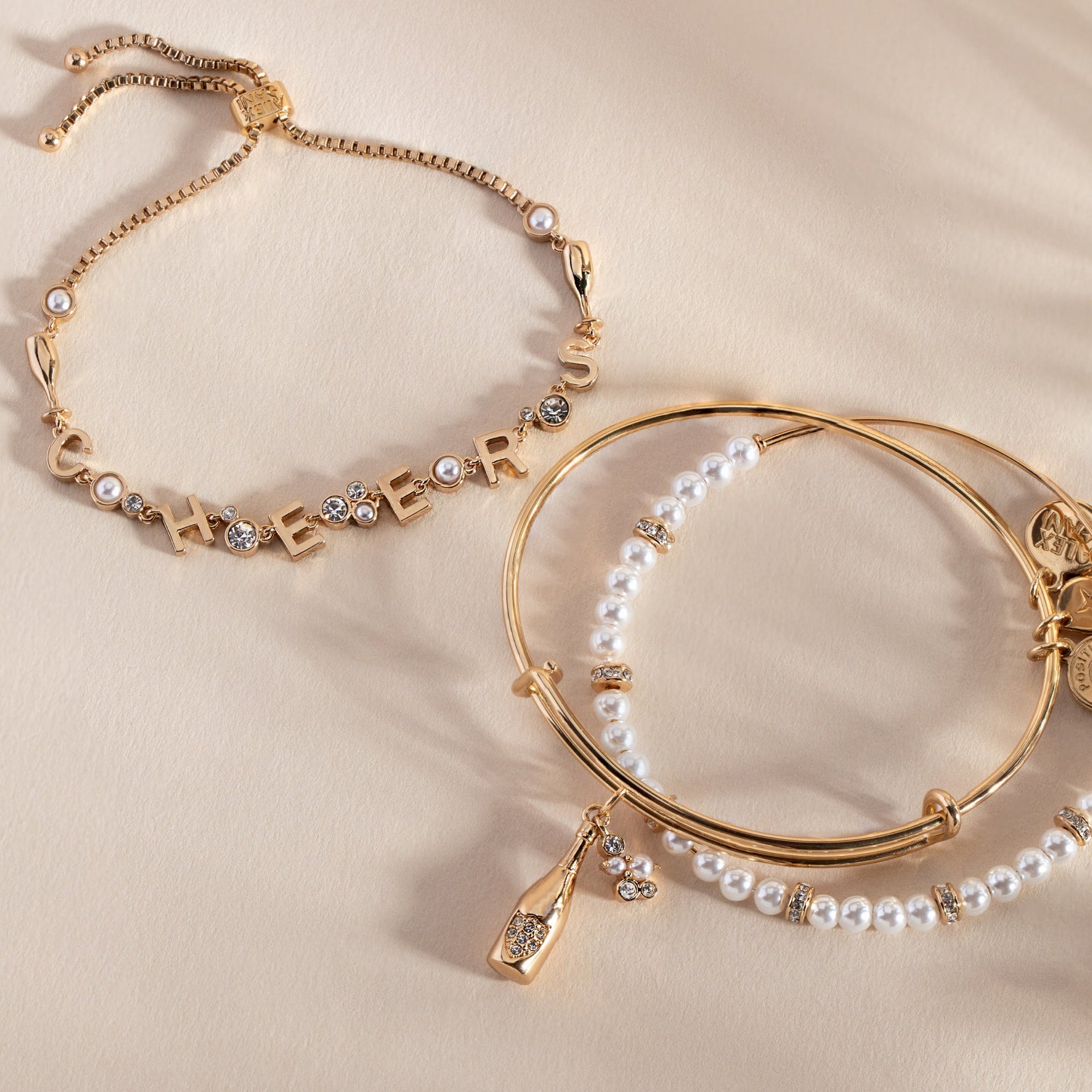 Cheers Champagne Flute Charm Bolo Bracelet with Crystal Accents